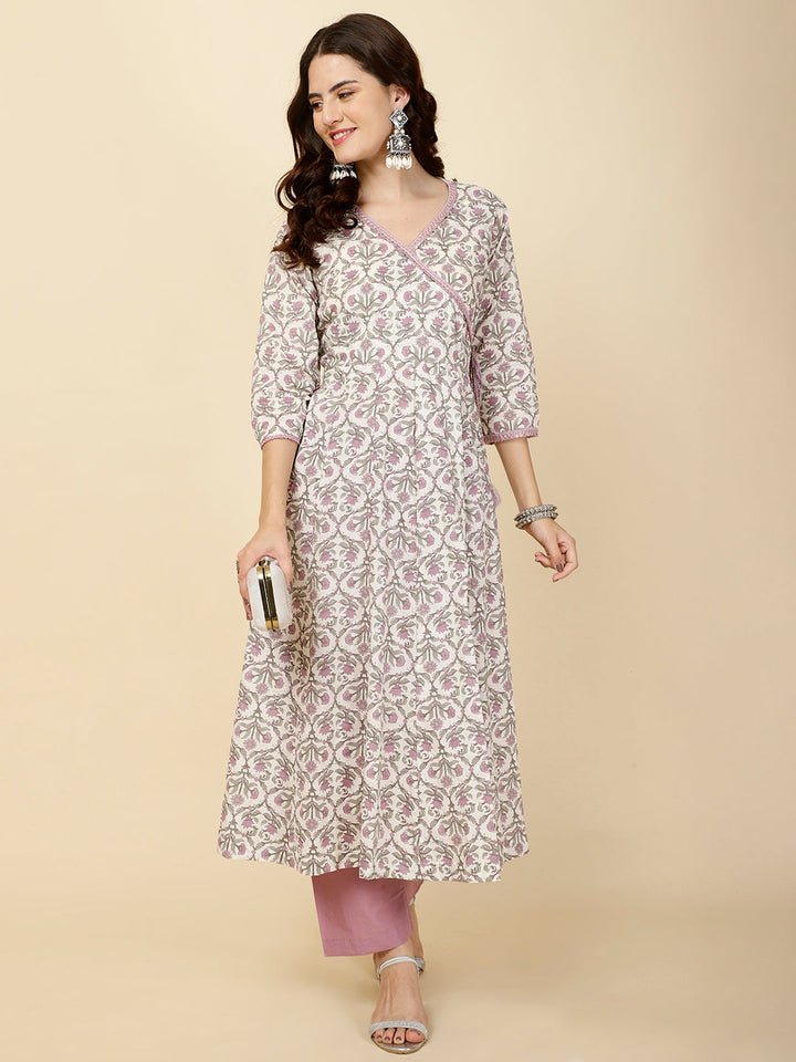 Floral Printed Cotton Anarkali Kurta With Pants