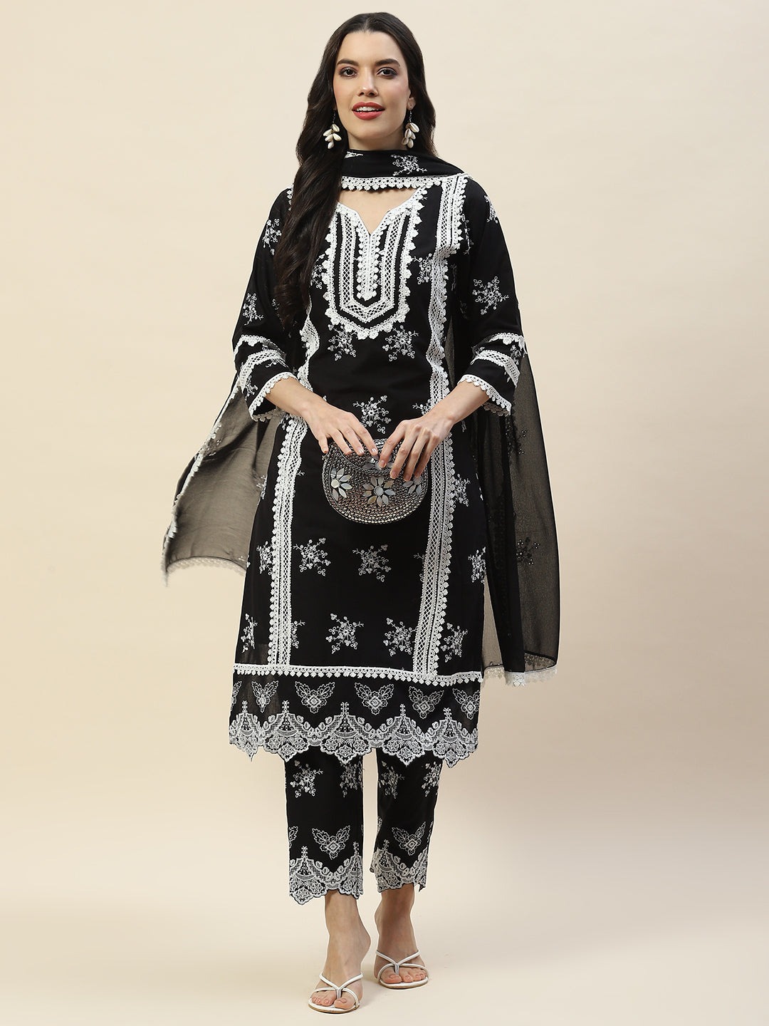 Embroidered Cotton Suit Set With Dupatta