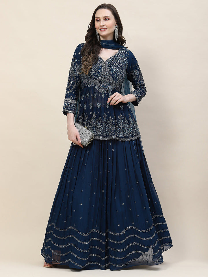 Sequin Zari Embroidered Georgette Choli With Lehenga &amp; Dupatta