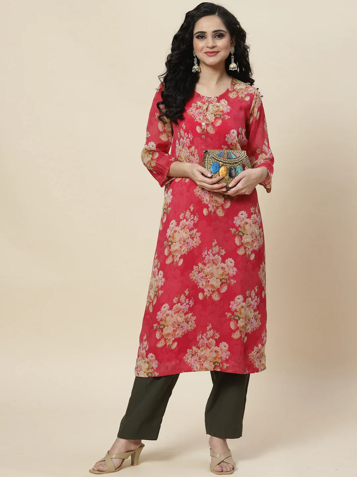 Floral Printed Organza Kurta With Palazzo &amp; Inner