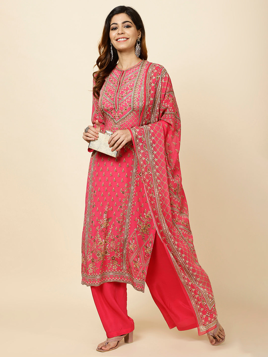 Floral Digital Print Crepe Kurta With Palazzo &amp; Dupatta