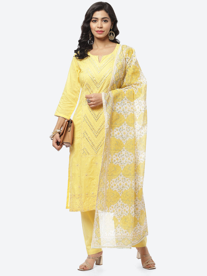 Resham Mirror Cotton Stitched Salwar Kameez With Printed Cotton Dupatta