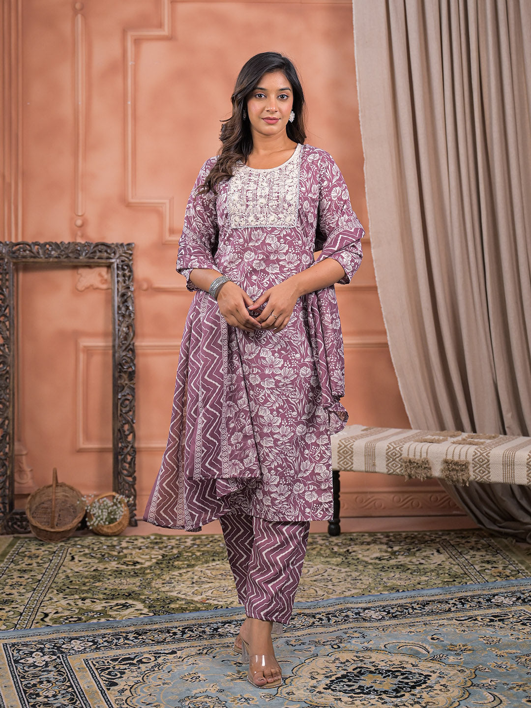 Printed Cotton Kurta With Pant &amp; Dupatta