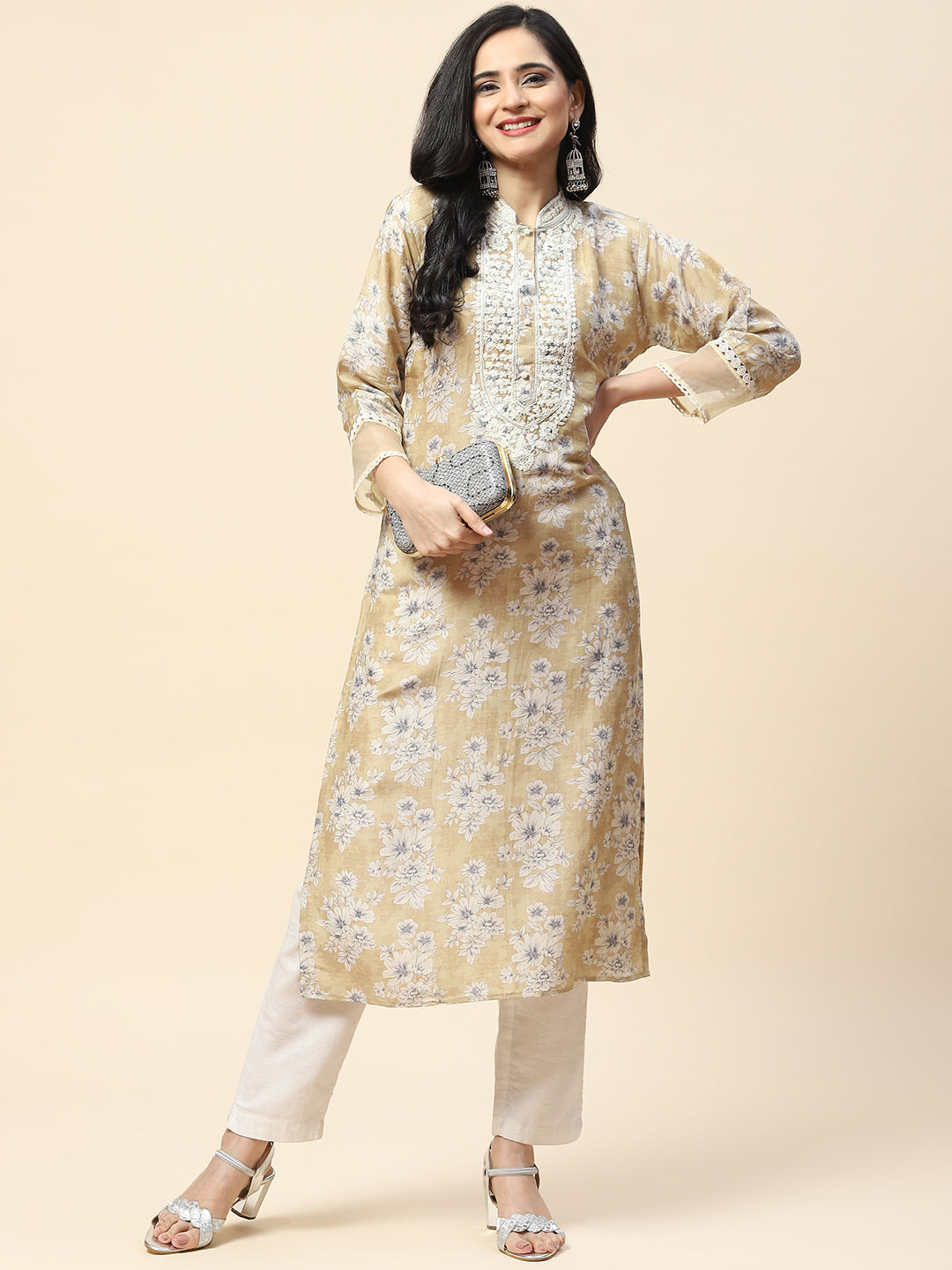 Printed With Resham Neck Embroidered Cotton Kurta