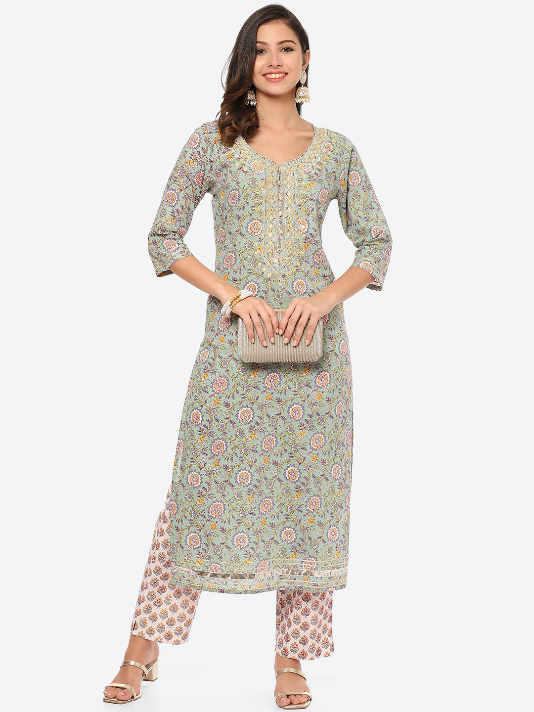 Resham Work Printed Cotton Kurta With Pant