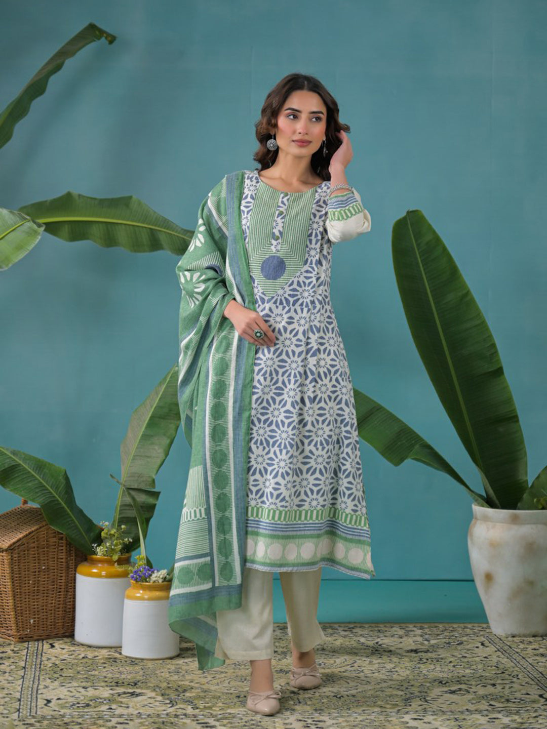 Cream Cotton Blend Printed Straight Suit Set