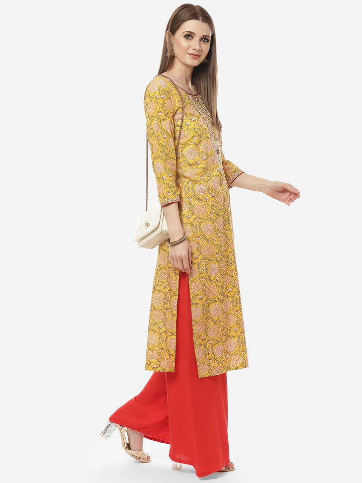 Printed Neck Embroidered Cotton Kurti
