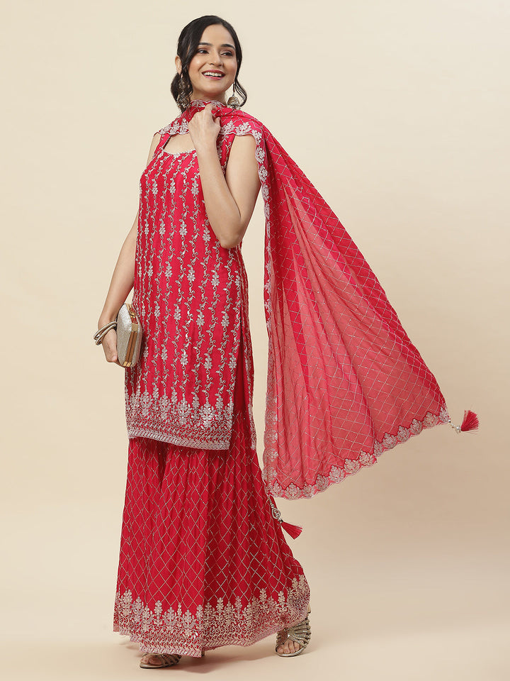 Sequin Embroidered Crepe Kurti With Garara &amp; Dupattta
