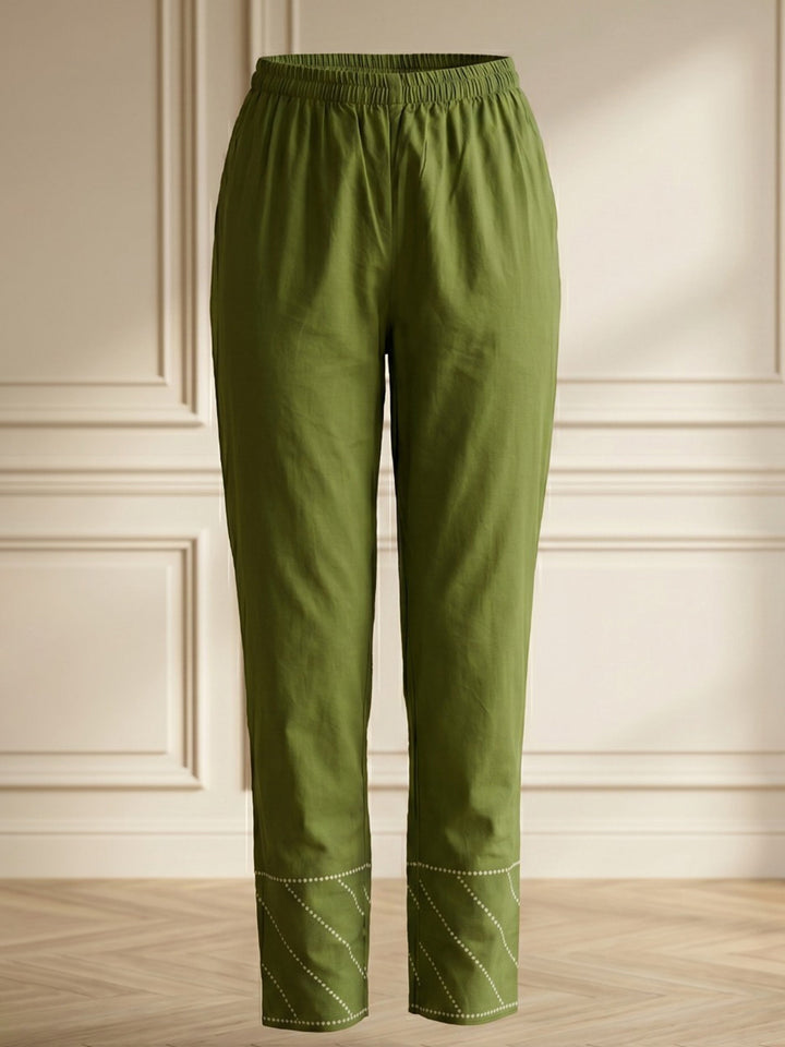 Green Embroidered Cotton Blend Straight V Neck Suit Set