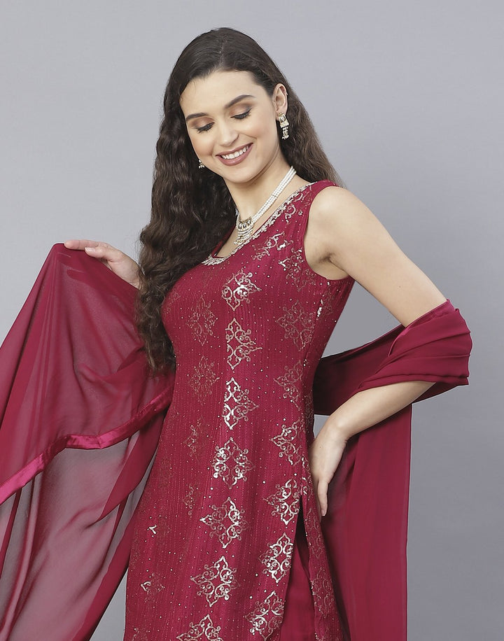 Bottle Green and Wine Art Crepe Salwar Kameez