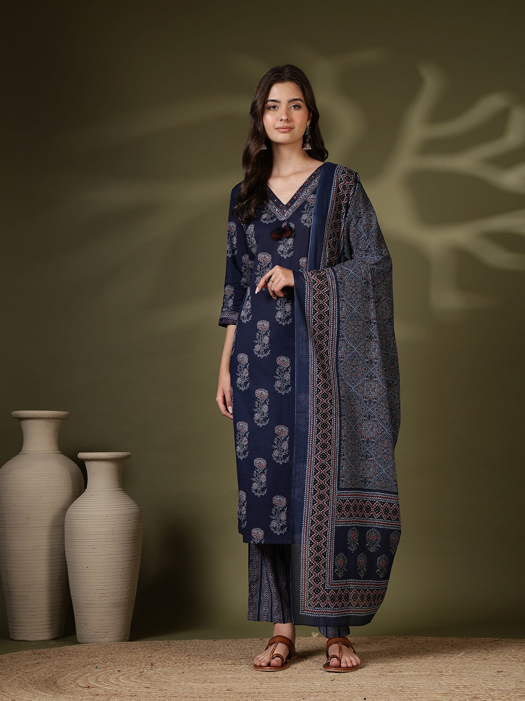 Printed Cotton Blend Kurta With Pant &amp; Dupatta