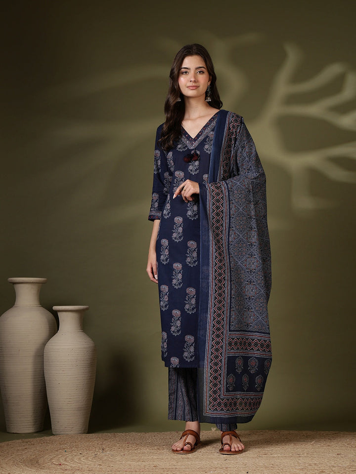Printed Cotton Blend Kurta With Pant &amp; Dupatta