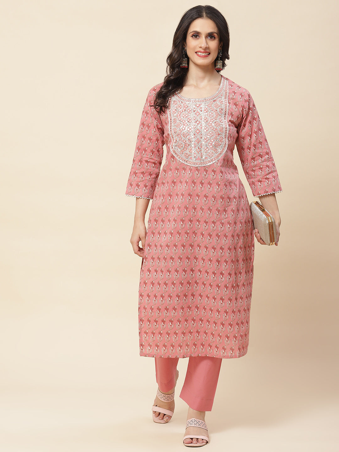 Printed  &amp; Neck Embroidered Cotton Kurta With Pants