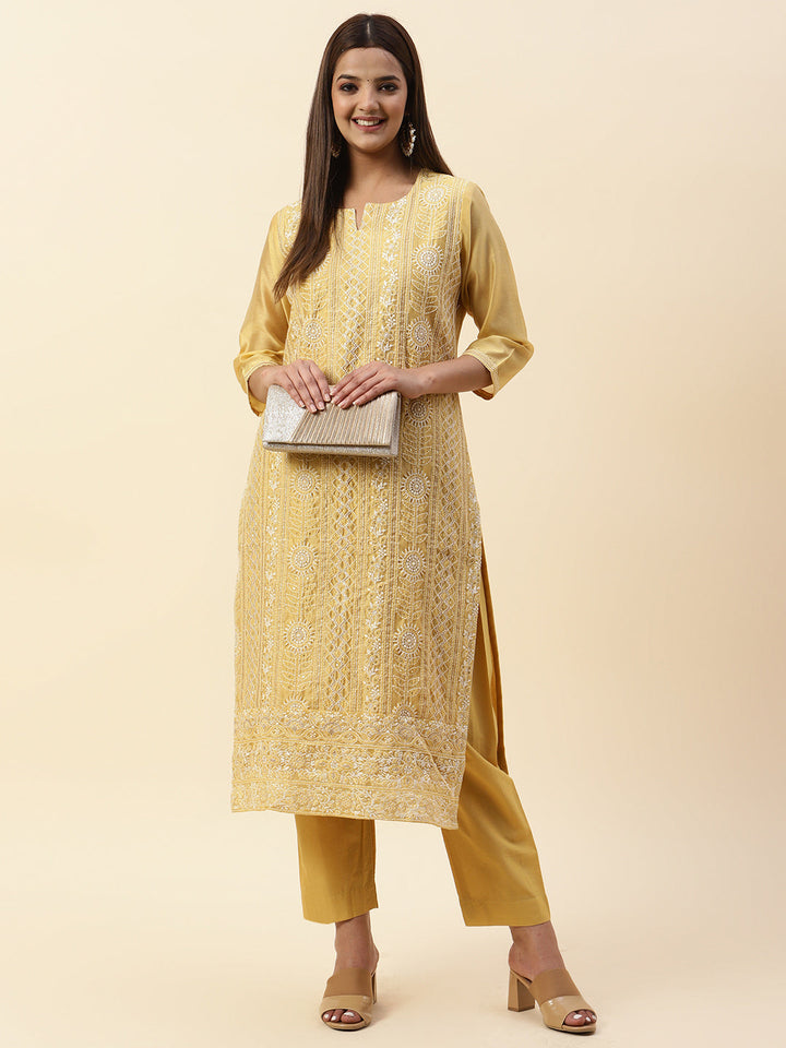 Embroidered Chanderi Kurta With Pants