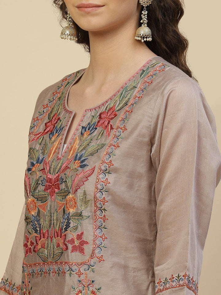 Floral Resham Booti Cotton Kurta With Pants &amp; Dupatta