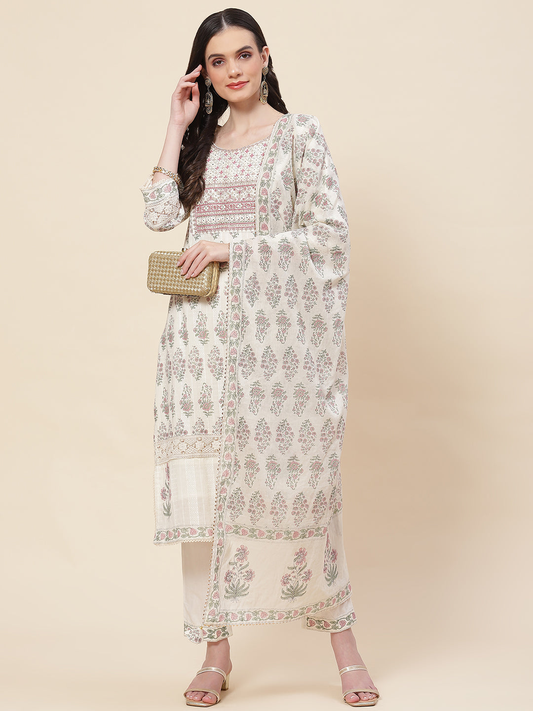 Floral Printed Cotton Kurta With Pants &amp; Dupatta