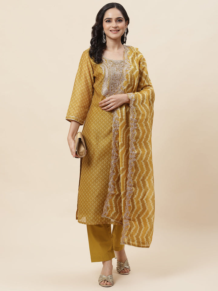 Bandhani Printed Chanderi Kurta With Pants &amp; Dupatta