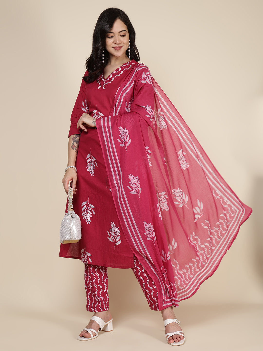 Printed Cotton Blend Kurta With Pants &amp; Dupatta