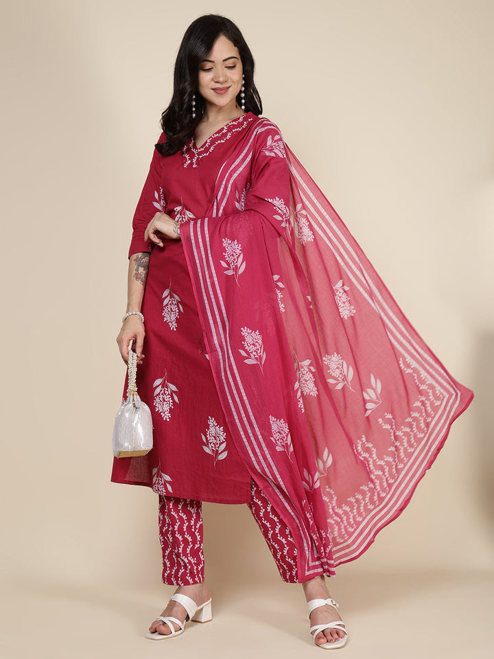Printed Cotton Blend Kurta With Pants &amp; Dupatta