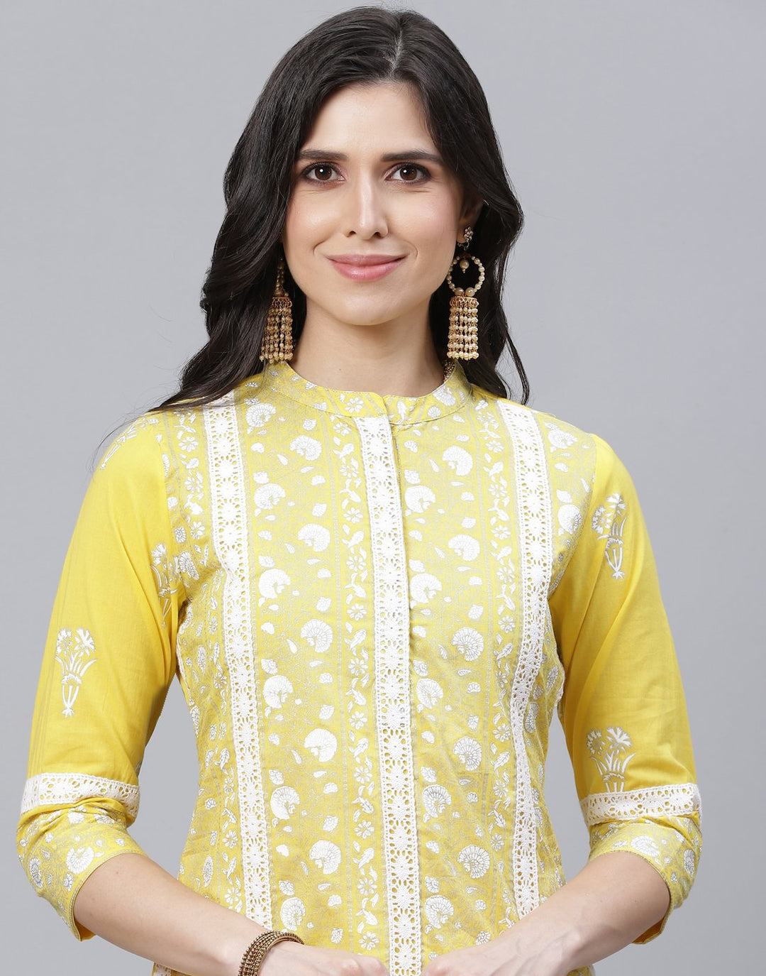 Printed Cotton Kurti Pant Set with Lace Detail