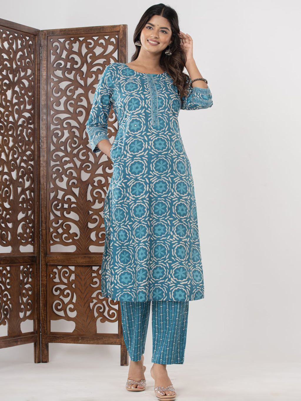 Light Blue Embroidered Cotton Blend Straight Suit Set With Dupatta