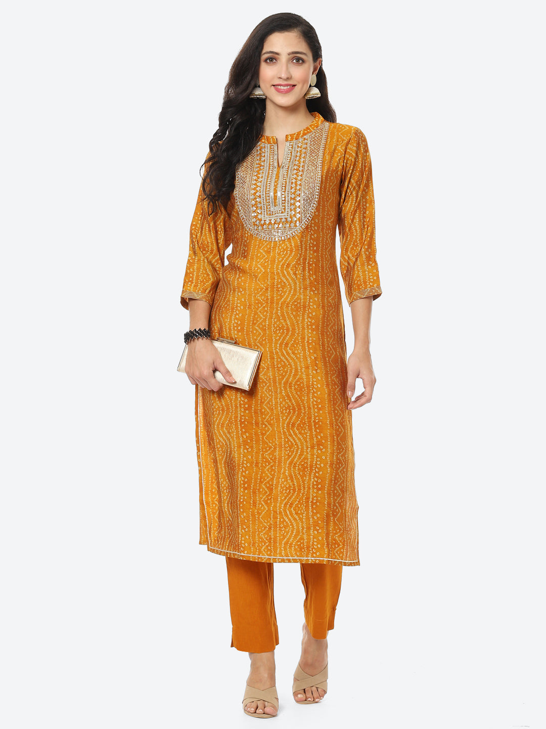 Zari Embroidered Bandhej Printed Muslin Kurti With Pant