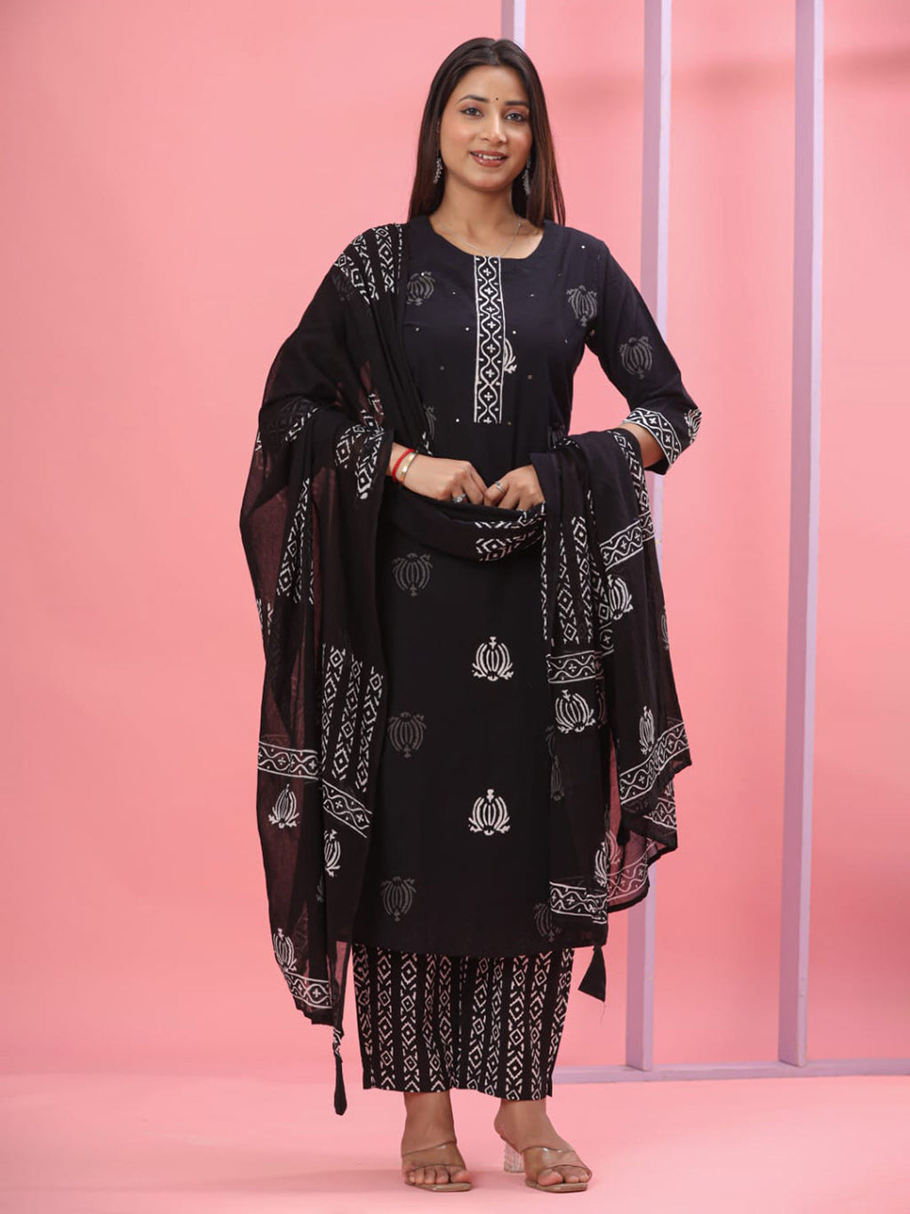 Black Embroidered Cotton Blend Straight Suit Set With Dupatta