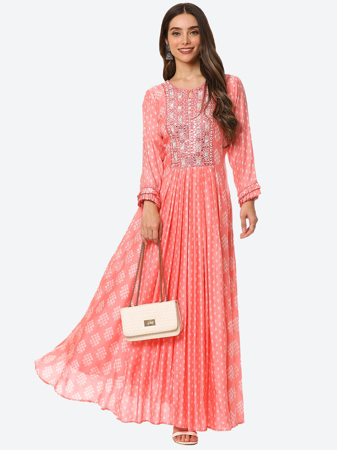 Mirror Neck Embroidered Printed Muslin Anarkali Kurta