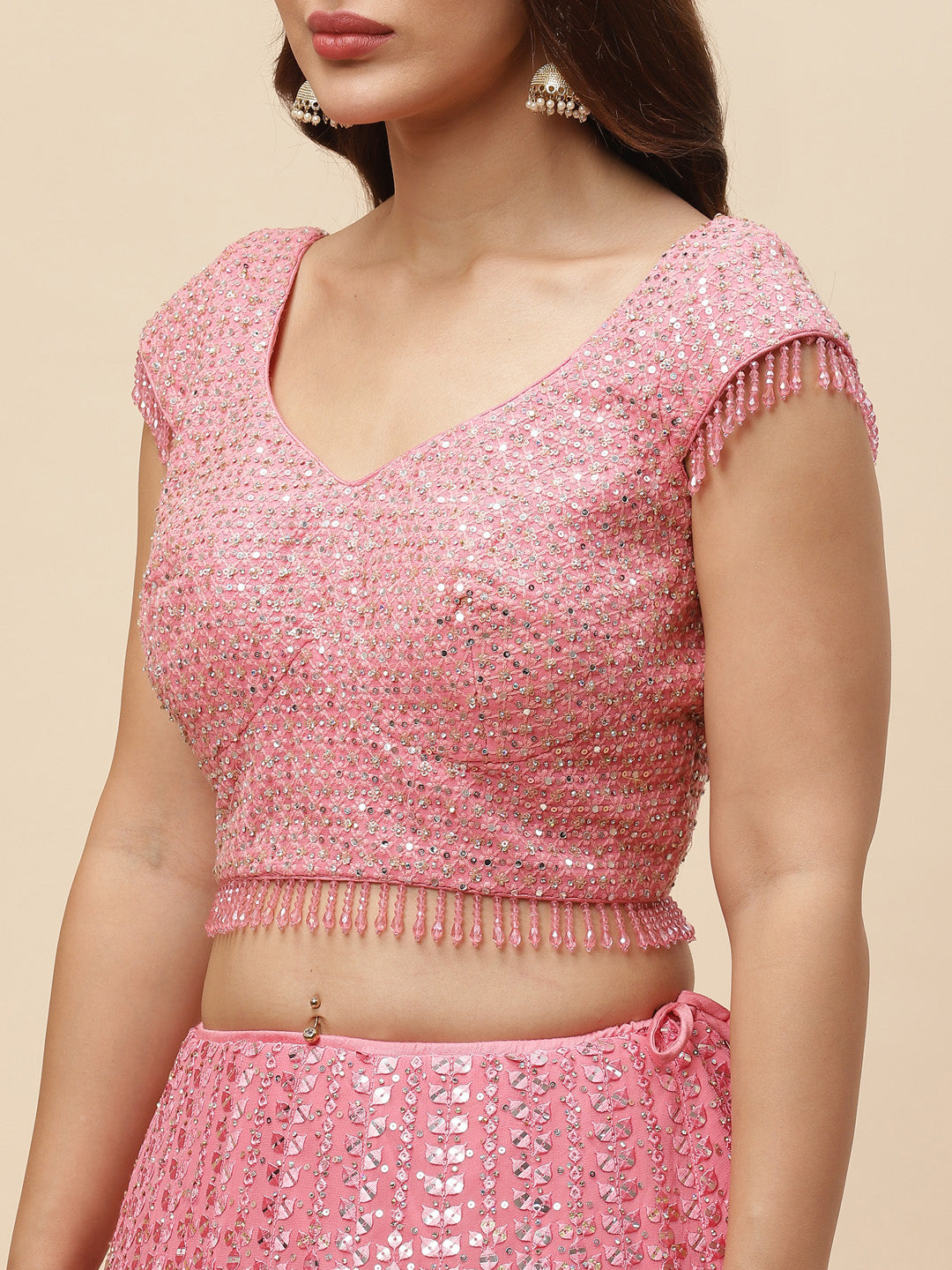 Sequin Embroidered Georgette Choli With Lehenga &amp; Net Dupatta