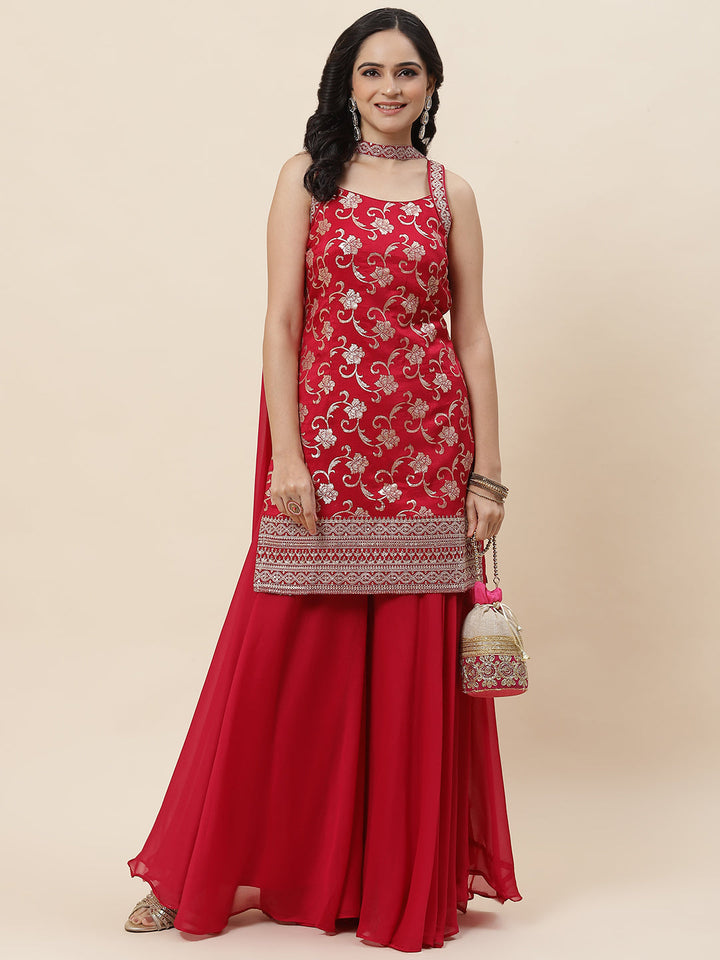 Floral Woven Georgette Kurta With Sharara &amp; Dupatta