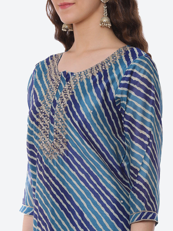 Leheriya Gota Work Chanderi Kurta With Pant &amp; Dupatta