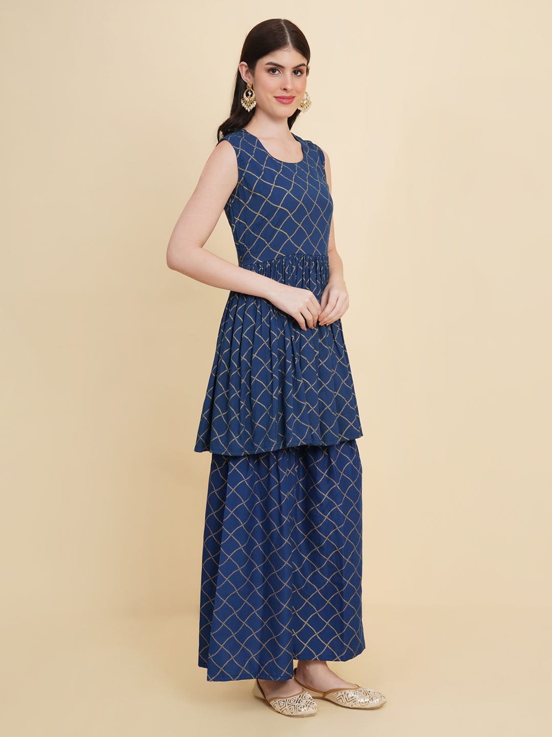 Printed Cotton Blend Blue Suit With Pant &amp; Dupatta