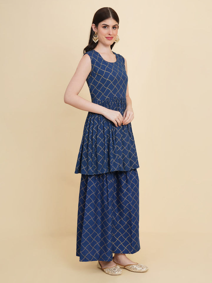 Printed Cotton Blend Blue Suit With Pant &amp; Dupatta