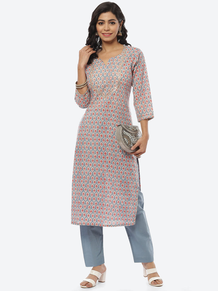 Printed Gota Neck Cotton Kurti With Pant