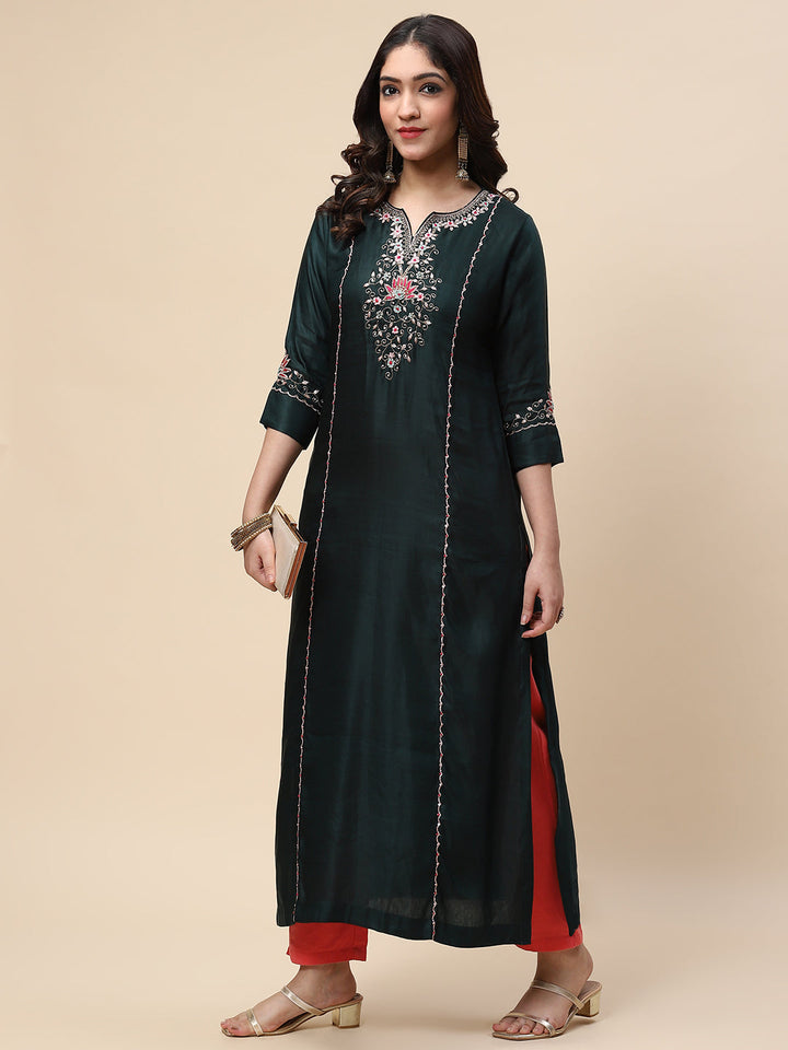 Neck Embroidered Satin Kurta