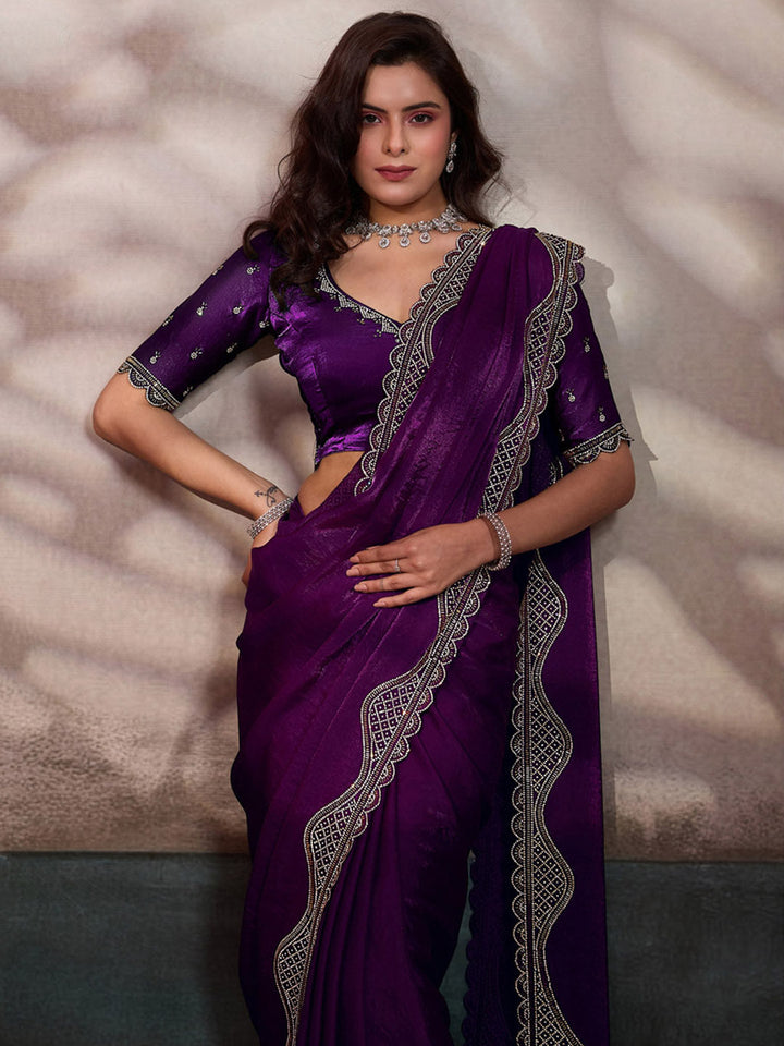 Embroidered Satin Velvet Saree
