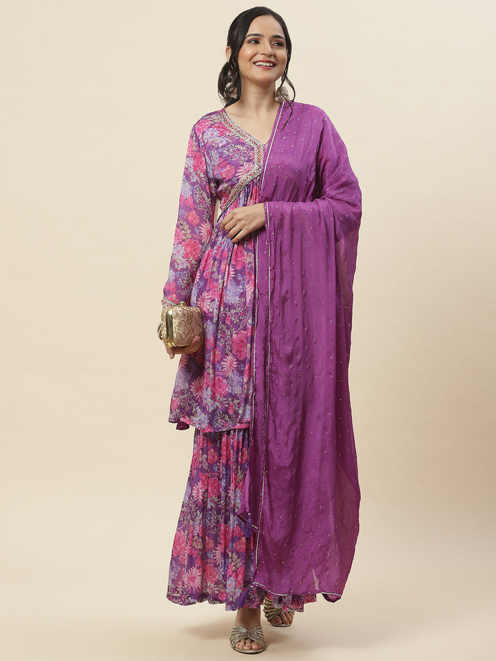 Floral Printed Chinnon Kurti With Garara &amp; Dupatta