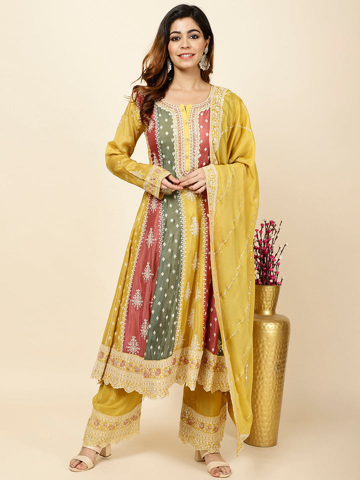 Embroidered Crepe Kurta With Palazzo &amp; Dupatta