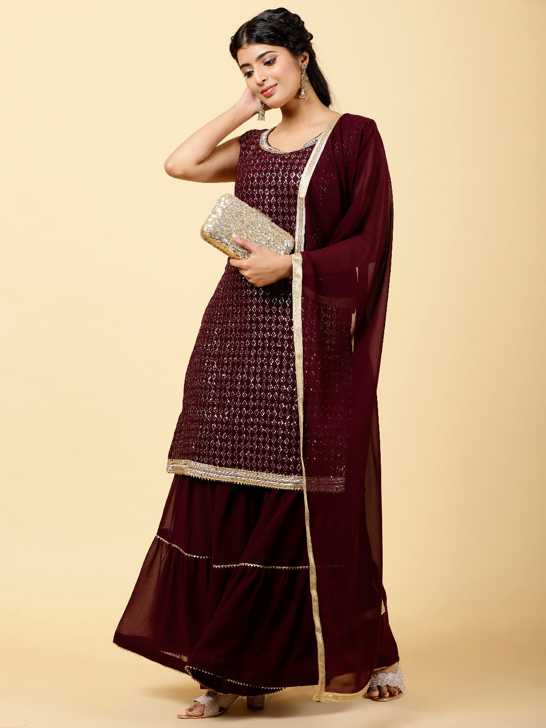Sequin Embroidered Georgette Kurta With Garara &amp; Dupatta