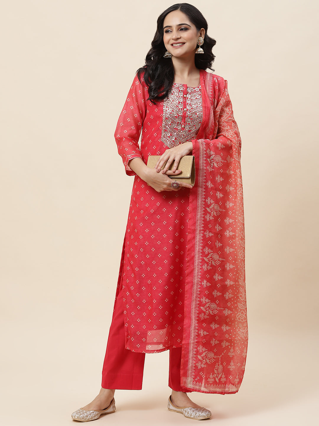 Bandhani Printed Chanderi Kurta With Pants &amp; Dupatta