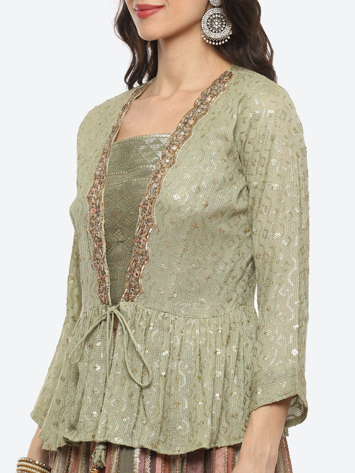 Resham Embroidered Georgette Choli Jacket With Lehenga &amp; Dupatta