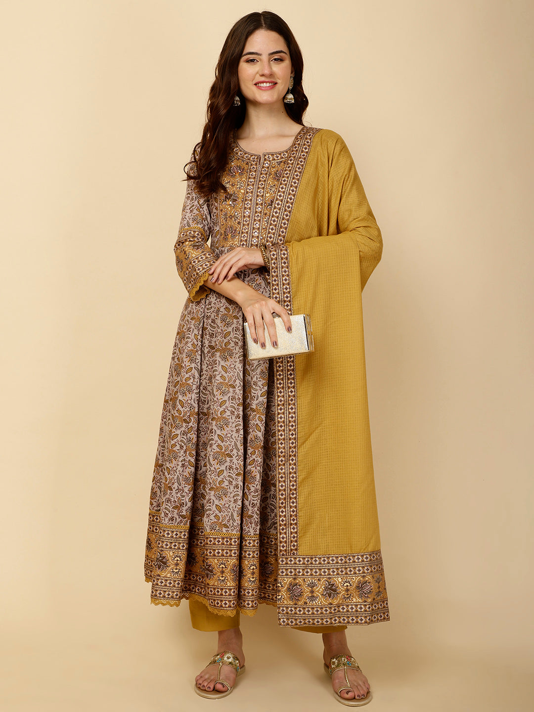 Floral Block Printed Anarkali Kurta With Pants &amp; Dupatta
