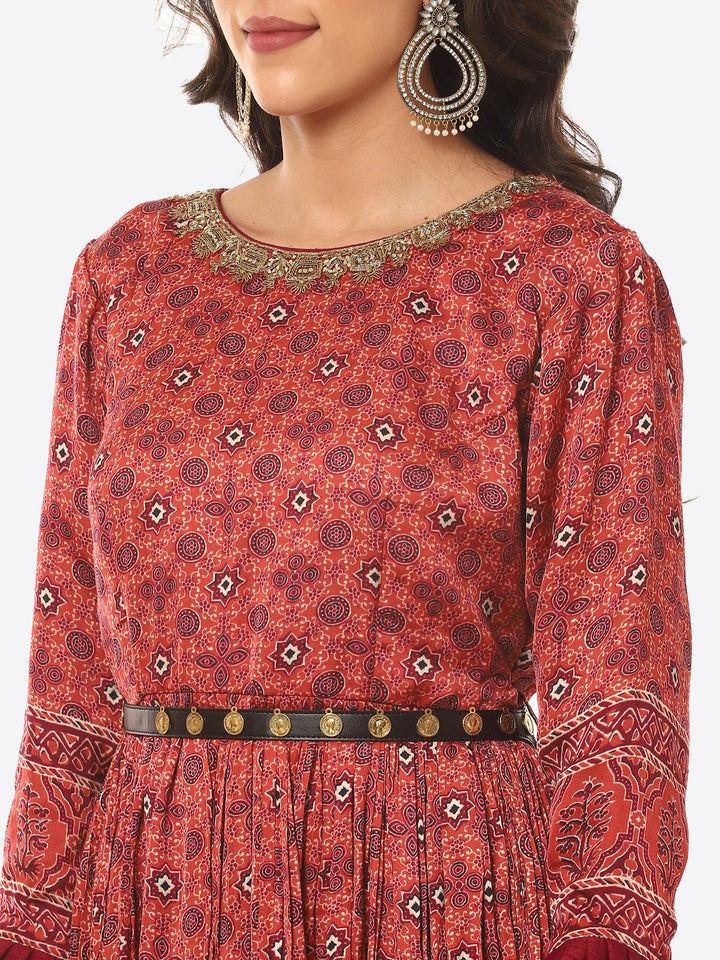 Printed Satin Anarkali Kurta With Churidar With Dupatta
