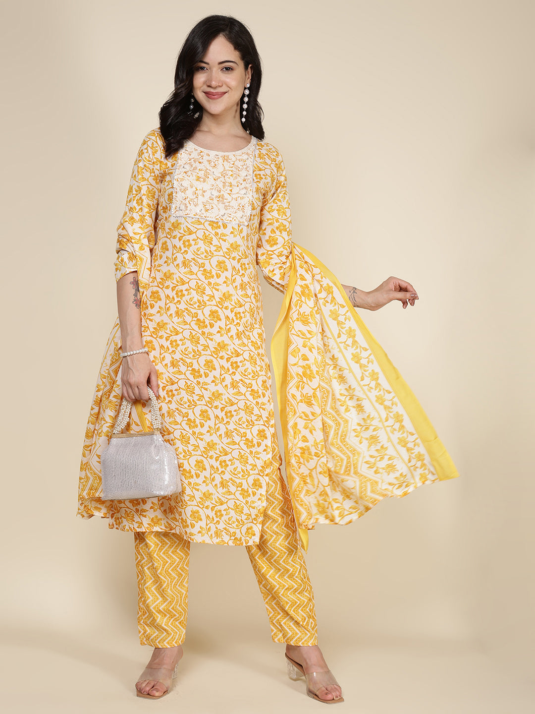 Printed Cotton Blend Kurta With Pants &amp; Dupatta