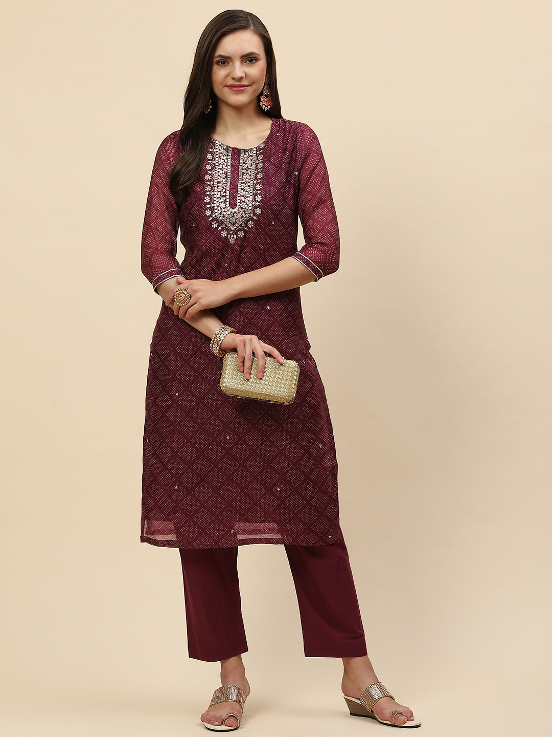 Mirror Embroidered & Printed Chanderi Kurta With Pants