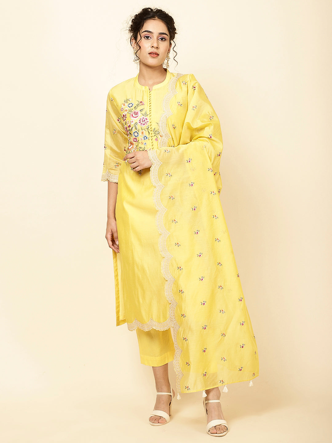 Floral Embroidered Chanderi Kurta With Pants &amp; Dupatta