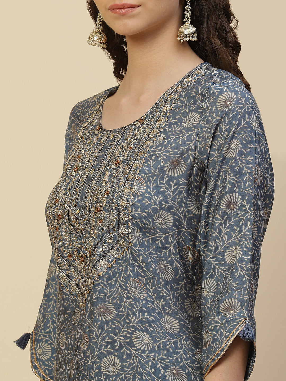 Floral Printed Cotton Kurta With Pants &amp; Dupatta
