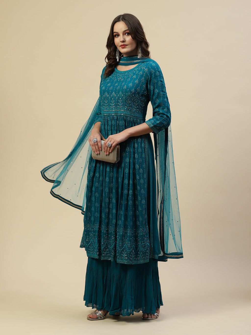 Embroidered Georgette Kurta With Palazzo & Dupatta