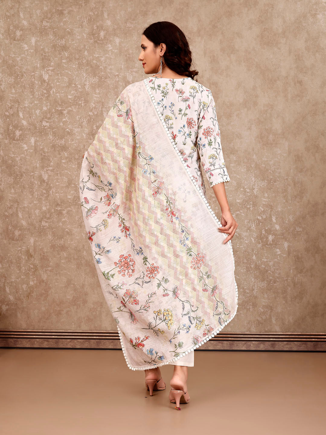 Neck Embroidery Cotton Blend Kurta With Pants &amp; Dupatta
