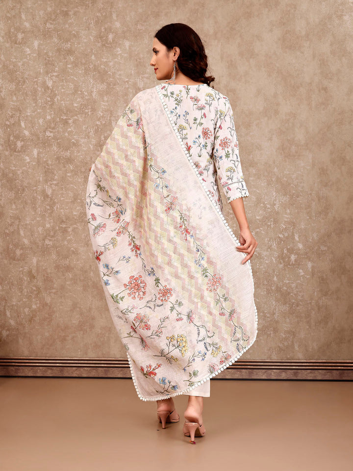 Neck Embroidery Cotton Blend Kurta With Pants &amp; Dupatta